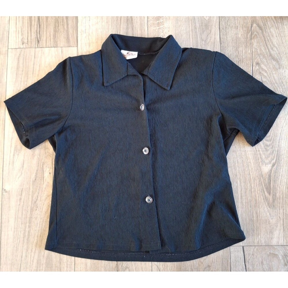 90s Superline Ribbed Collared Black Button-Up Blouse w/ Shoulder Pads Size M